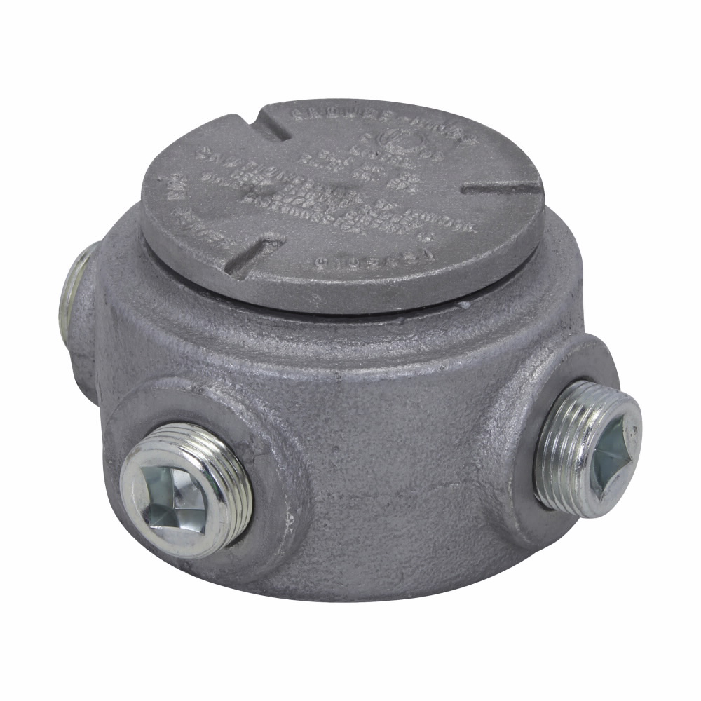 Mayer-Eaton Crouse-Hinds series Condulet GUR conduit outlet box with cover, Feraloy iron alloy, 3/4"-1